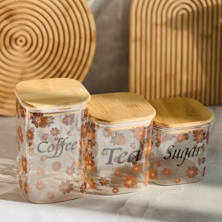 طقم بهارات زجاج مورد  3قطع غطاء بامبو 
